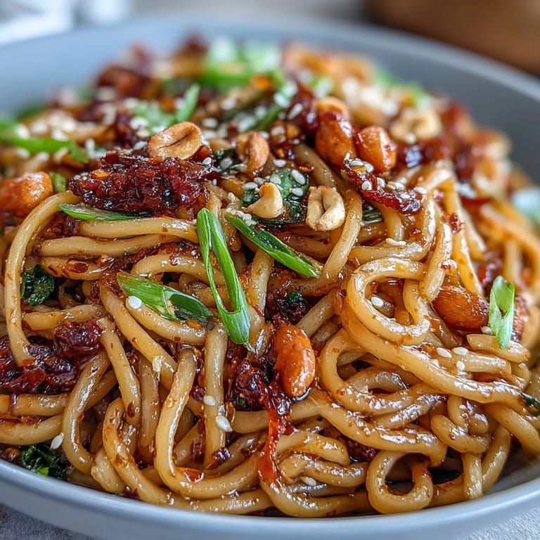 Easy chili crisp noodles served with julienned carrots, bean sprouts, and chopped peanuts for texture and heat.