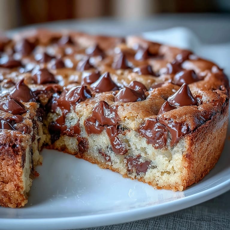 Decadent Tahini Chocolate Chip Cookie Pie with melty chocolate chunks, sprinkled with sea salt.