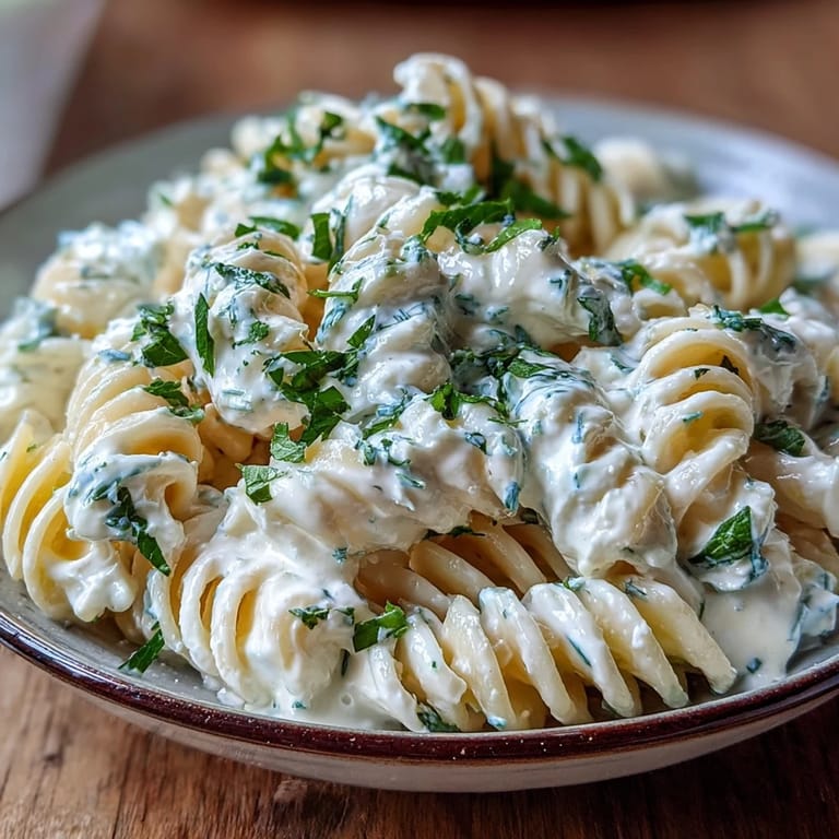 Bright, tangy cottage cheese lemon pasta sauce, garnished with fresh herbs.