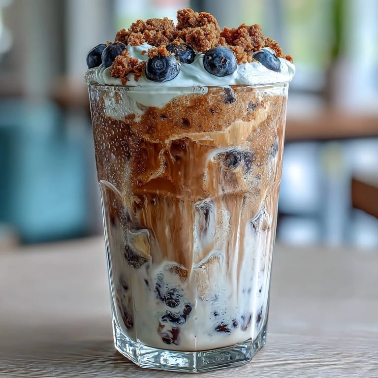 Savor this refreshing blueberry muffin iced coffee topped with sweet vanilla foam.