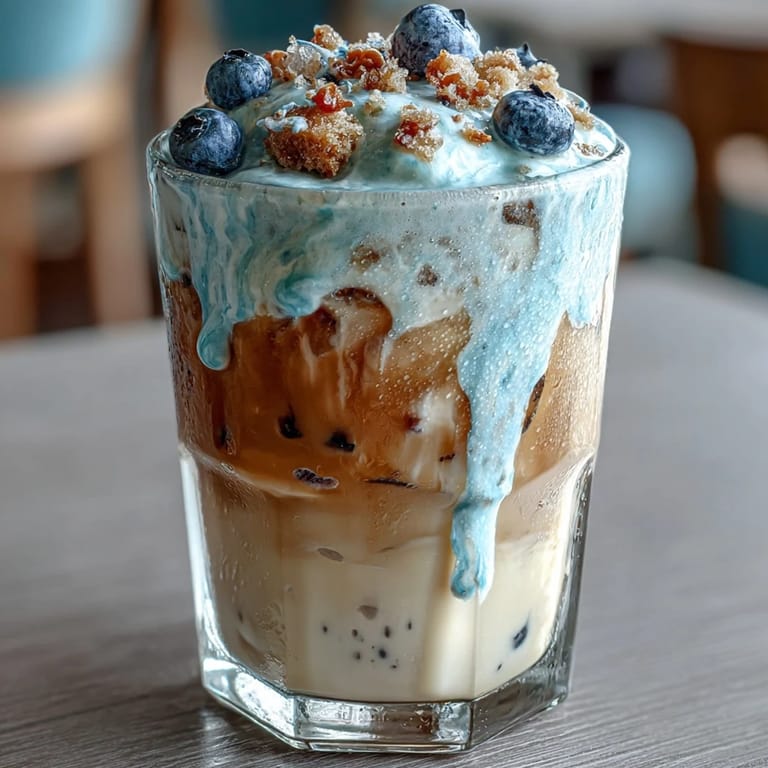 Frothy blueberry muffin iced coffee boasts homemade blueberries and airy cold foam.