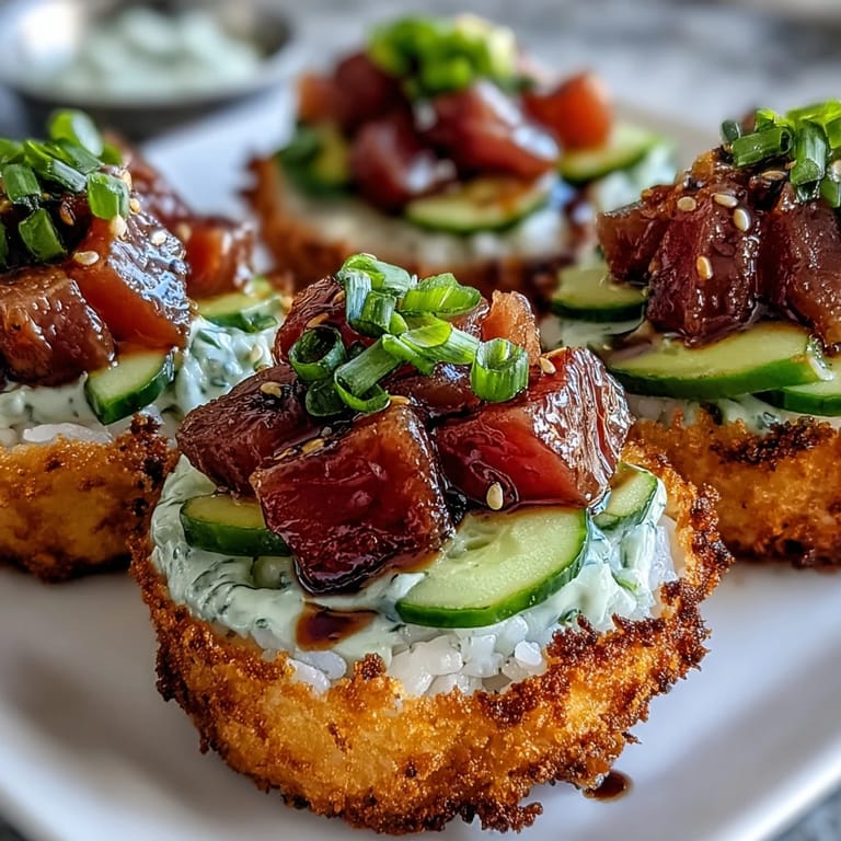 Delicious fusion bites of crunchy rice, fresh tuna, and creamy toppings.