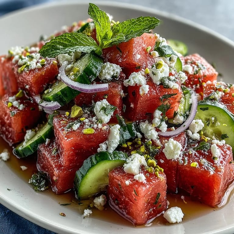 Juicy Watermelon Feta Crunch Salad topped with crumbled feta and pistachios.