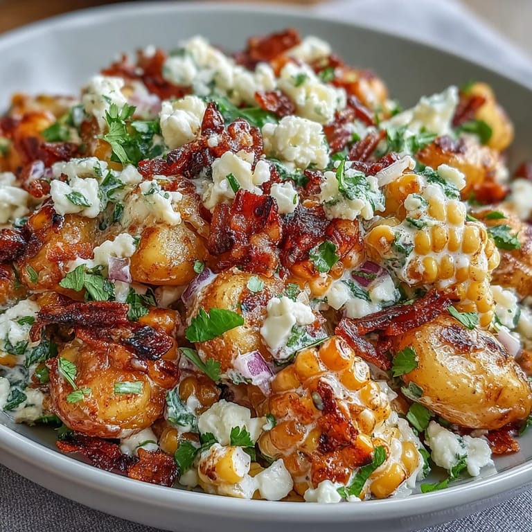Spicy Elote Potato Salad for picnics with charred corn and lime.