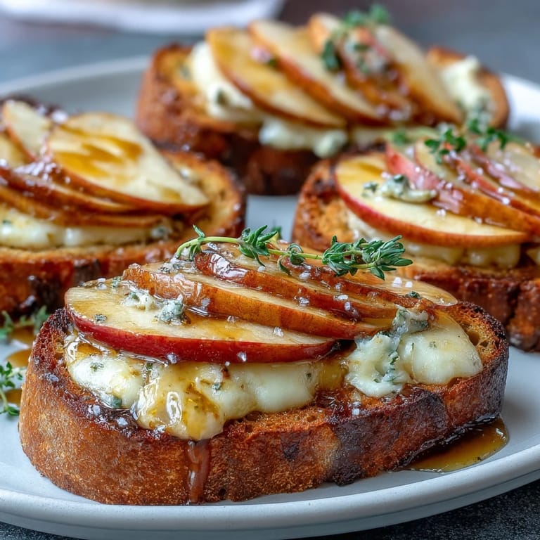 Golden Apple Brie Hot Honey Toasts, warm and inviting with a sweet chili drizzle.