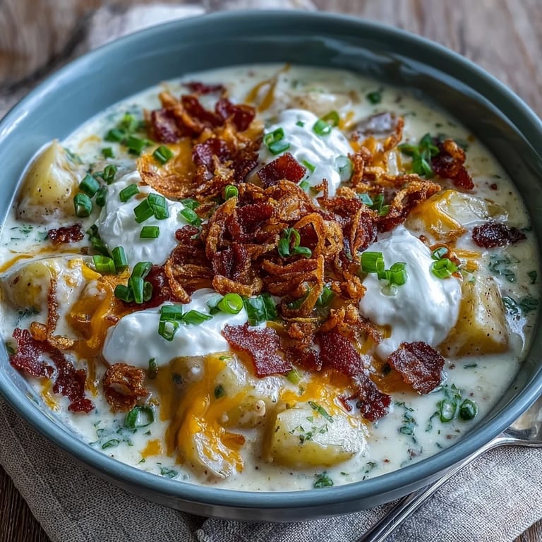 Comforting Loaded Baked Potato Soup, boasting tender potatoes and a rich cheesy broth.