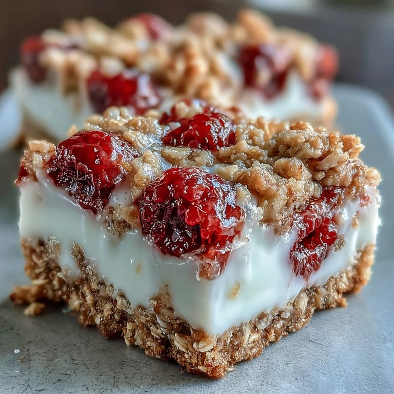 Vibrant Raspberry Yogurt Oat Bars, a delicious breakfast or dessert bar visually appealing.