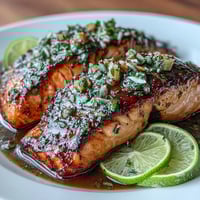 A golden baked salmon fillet glazed with honey, lime, and garlic butter, garnished with fresh cilantro and lime slices.