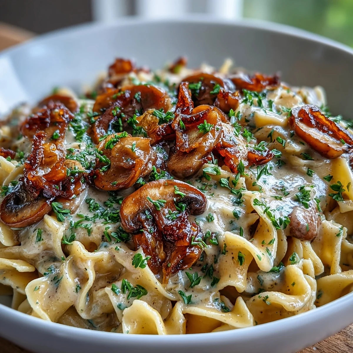 Creamy onion and mushroom stroganoff served over tender egg noodles, garnished with fresh parsley. Rich vegetarian comfort food in a skillet.