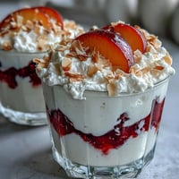 Fluffy Yogurt Peach Melba Cups with Toasted Almonds: A creamy, layered dessert with fresh peaches, tangy raspberry sauce, and crunchy toasted almonds in elegant glasses.