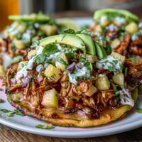 Crispy tostadas topped with shredded chicken, zesty pineapple salsa, and tangy lime crema for a vibrant meal.