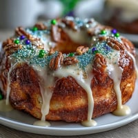 Soft, baked King Cake donuts with vanilla glaze and vibrant Mardi Gras sprinkles in green, purple, and gold.  