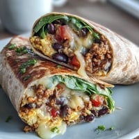 High-protein breakfast burrito filled with scrambled eggs, lean turkey, black beans, and melted cheese, wrapped in a soft whole wheat tortilla for a hearty start.