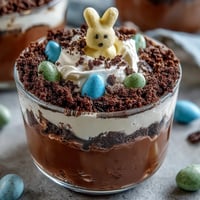 Easter Bunny Dirt Cups for Kids filled with chocolate pudding and crushed cookies, topped with marshmallow Peeps and candy eggs in clear cups.
