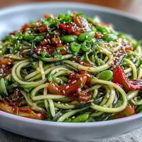 Healthy Easy Zucchini Noodle Stir Fry with crisp vegetables and light sesame sauce in a colorful skillet.  