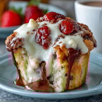 Fresh strawberry muffins with creamy white chocolate chips, golden and tender, perfect for a sweet breakfast treat.