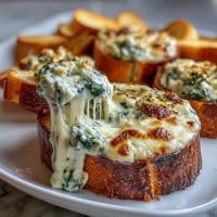 St. Patrick's Day spinach artichoke dip bread bowl with melted cheese and golden crust