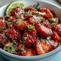 Fresh strawberry salsa with lime and jalapeño, a vibrant mix of sweet fruit, zesty citrus, and a hint of spicy heat.  