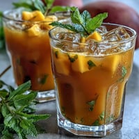 Refreshing mango peach iced tea with fresh mint, a perfect summer drink for hot afternoons.  