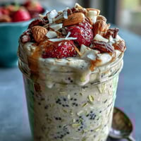 Healthy Easy Overnight Oats with Strawberry and Chia in a glass jar, topped with fresh berries and chia seeds for a vibrant breakfast.