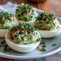 Green avocado deviled eggs with creamy filling and fresh herbs for spring parties, garnished with chives and dill.