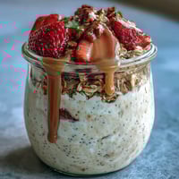 Creamy strawberry overnight oats with chia seeds and granola, topped with fresh strawberries for a wholesome breakfast.