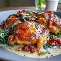 Creamy Tuscan Chicken Skillet with golden seared chicken in rich garlic cream sauce with spinach and sun-dried tomatoes.