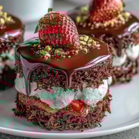 Dubai Chocolate Strawberry Cups with Kataifi and Pistachio Cream in a golden pastry nest, filled with rich dark chocolate and creamy pistachio filling, topped with fresh strawberries and chopped pistachios.