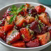 Bright strawberry lemonade fruit salad with juicy strawberries, blueberries, and pineapple in a tangy citrus dressing.