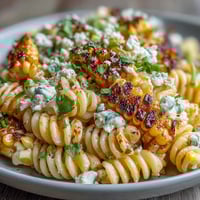 Elote Corn Pasta with Cotija features creamy, tangy dressing and charred corn for a vibrant, Mexican-inspired salad.  