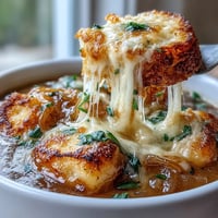 Hearty Gnocchi French Onion Soup with caramelized onions and melted Gruyère cheese, served in a rustic bowl.