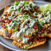 Crispy Cinco de Mayo Elote Nachos piled high with cheesy corn and smoky crema.
