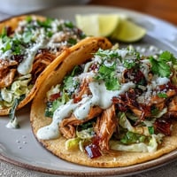 Roasted chicken cabbage tacos with shredded chicken, crisp slaw, and zesty lemon crema in warm tortillas.  