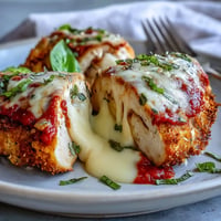Crispy air fryer chicken Parmesan with golden panko crust, topped with rich marinara and melted mozzarella cheese for a classic Italian-American dinner.  