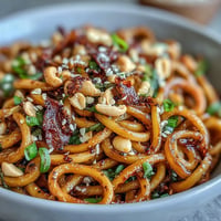 Spicy chili crisp noodles with chewy wheat noodles, crispy garlic, and fresh scallions in a savory umami sauce.  