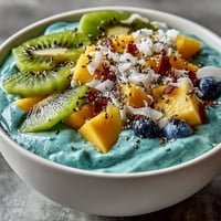 Vibrantly blue, this smoothie bowl overflows with fresh tropical fruit toppings.