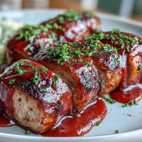 Juicy bratwurst smothered in tangy Quick Currywurst sauce, ready to eat.