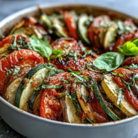 Classic French Vegetable Tian, colorful baked layers, savory herb aroma, perfect side dish.