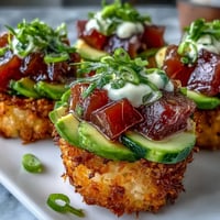 Golden crispy rice cups filled with vibrant tuna poke and avocado.