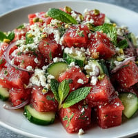 Vibrant Watermelon Feta Crunch Salad with fresh mint, ready to serve.