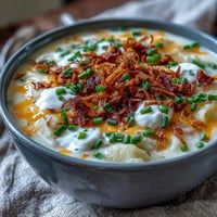 Loaded Baked Potato Soup: A creamy bowl topped with crispy onions and cheddar.